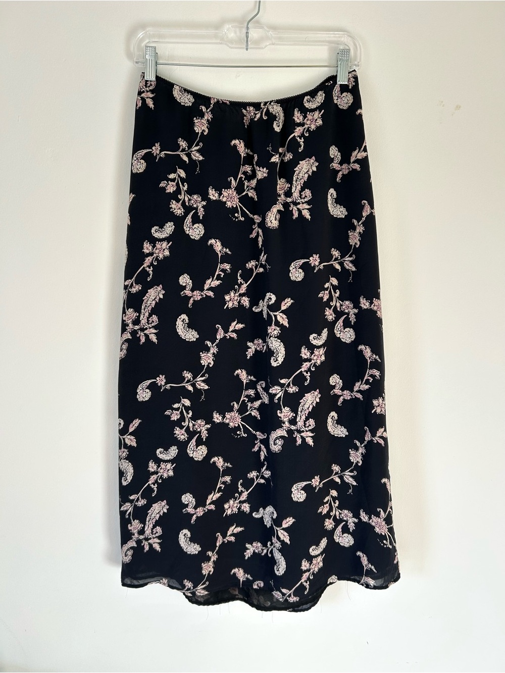 Vintage Y2K Silk Black Floral Maxi Skirt with Pink Paisley Print